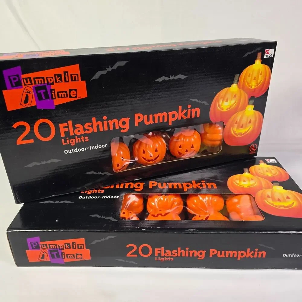 Vintage Pumpkin Time 40 Flashing Pumpkin Halloween Lights Lot of 2 Boxed